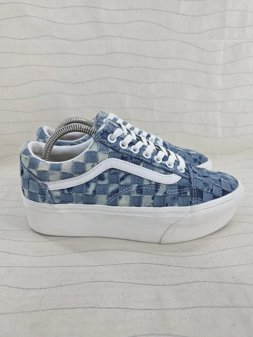 Vans Womens Old Skool Stackform Platform Blue Woven Denim Sneakers Shoes Sz 8.5